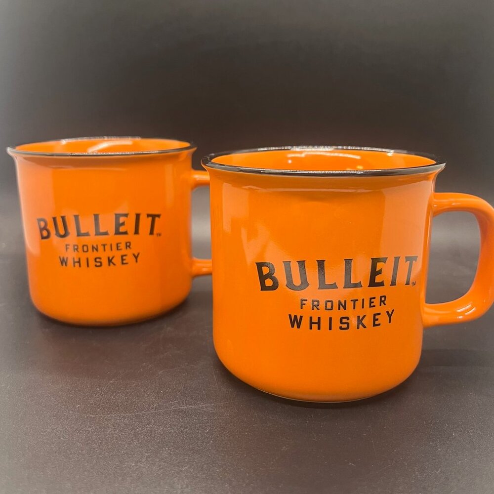 Bulleit Frontier Whiskey Ceramic Mugs Orange & Black Coffee Cups PAIR VGC